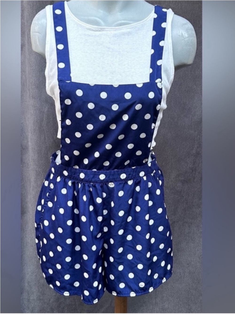 Blue polka dot shorts romper overalls  women’s small